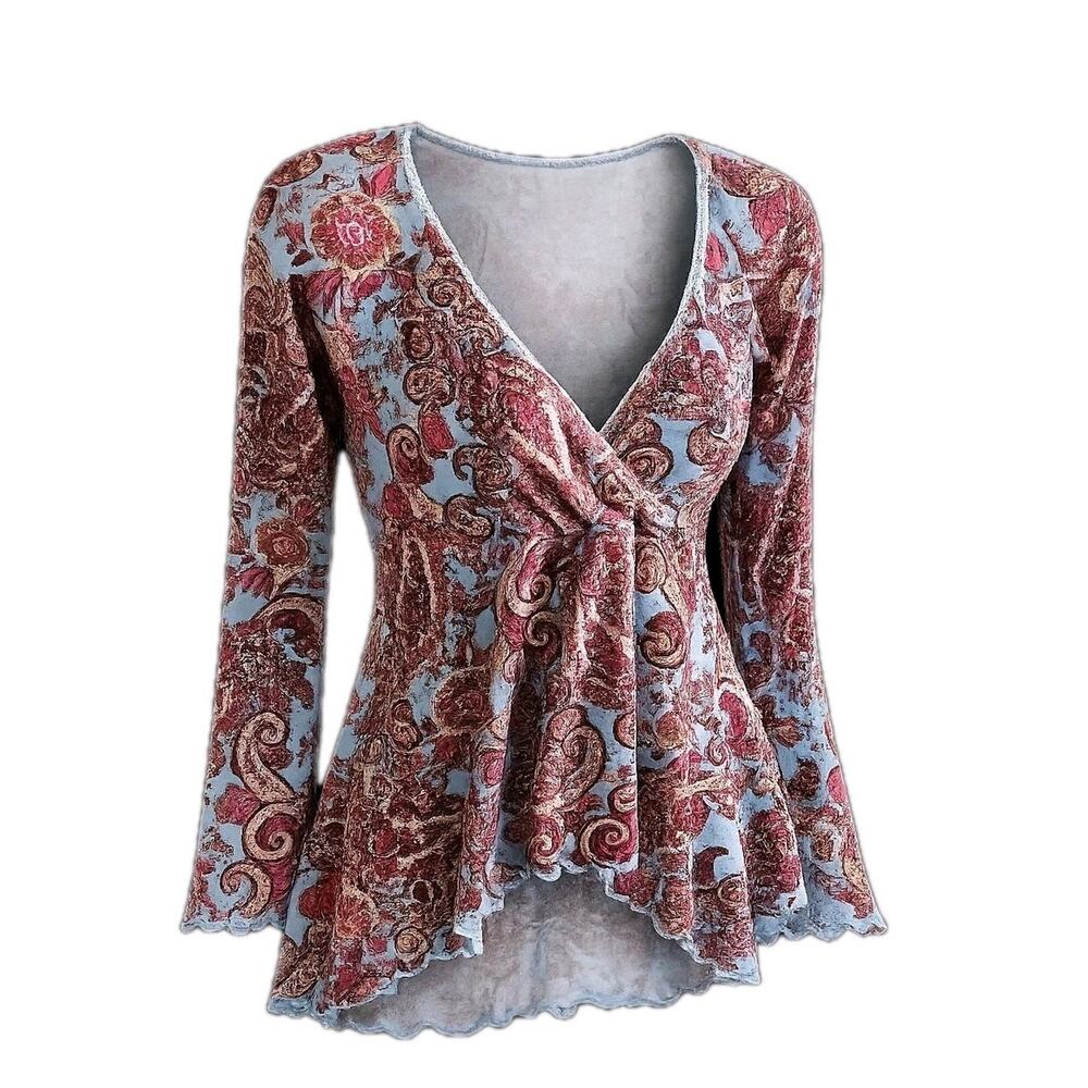 Y2K Sheer paisley Top Womans M Bell Sleeve Handkerchief Hem Boho Fairycore VNTG